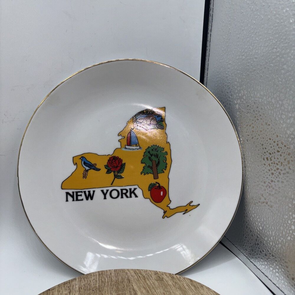 Vtg. Rare NEW York City Souvenir Plate 8.5" State Map 80's Hanging Decor Preown